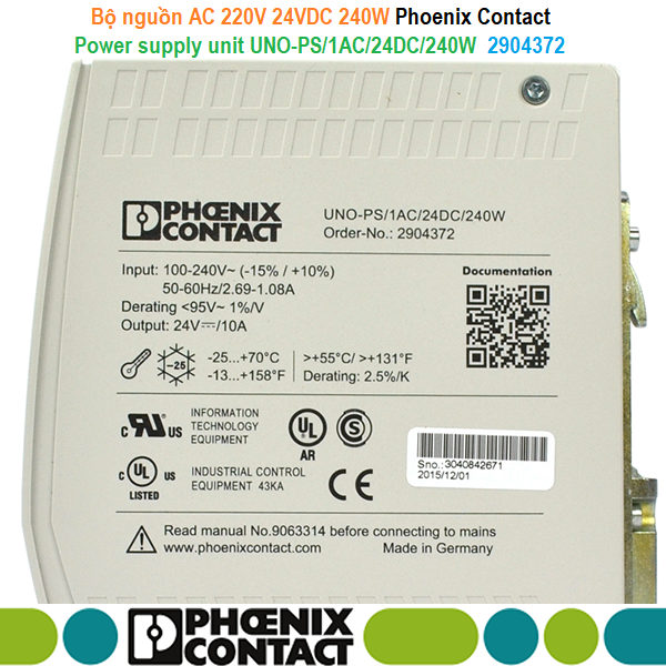 Bộ nguồn 24vDC-240W Phoenix Contact Power supply unit - UNO-PS/1AC/24DC/240W - 2904372